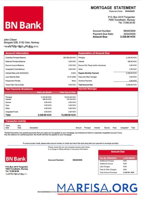 Printable Norway BN Bank mortgage statement Word and PDF template